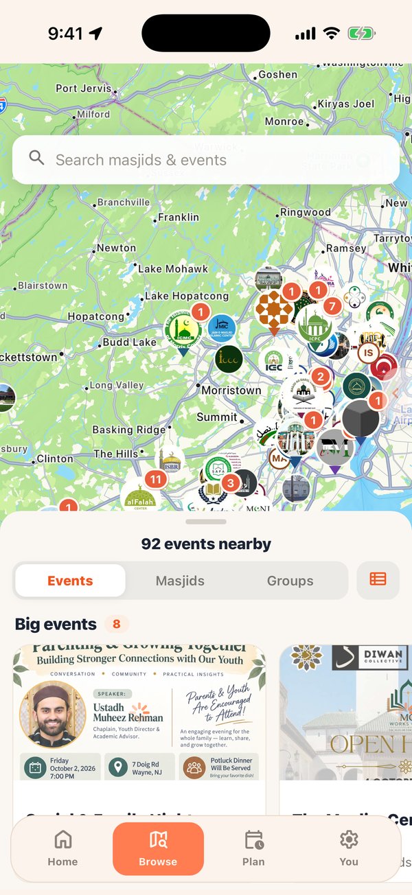 Browse tab: a map of New Jersey with each masjid's logo on its pin, and a flyer wall of nearby events