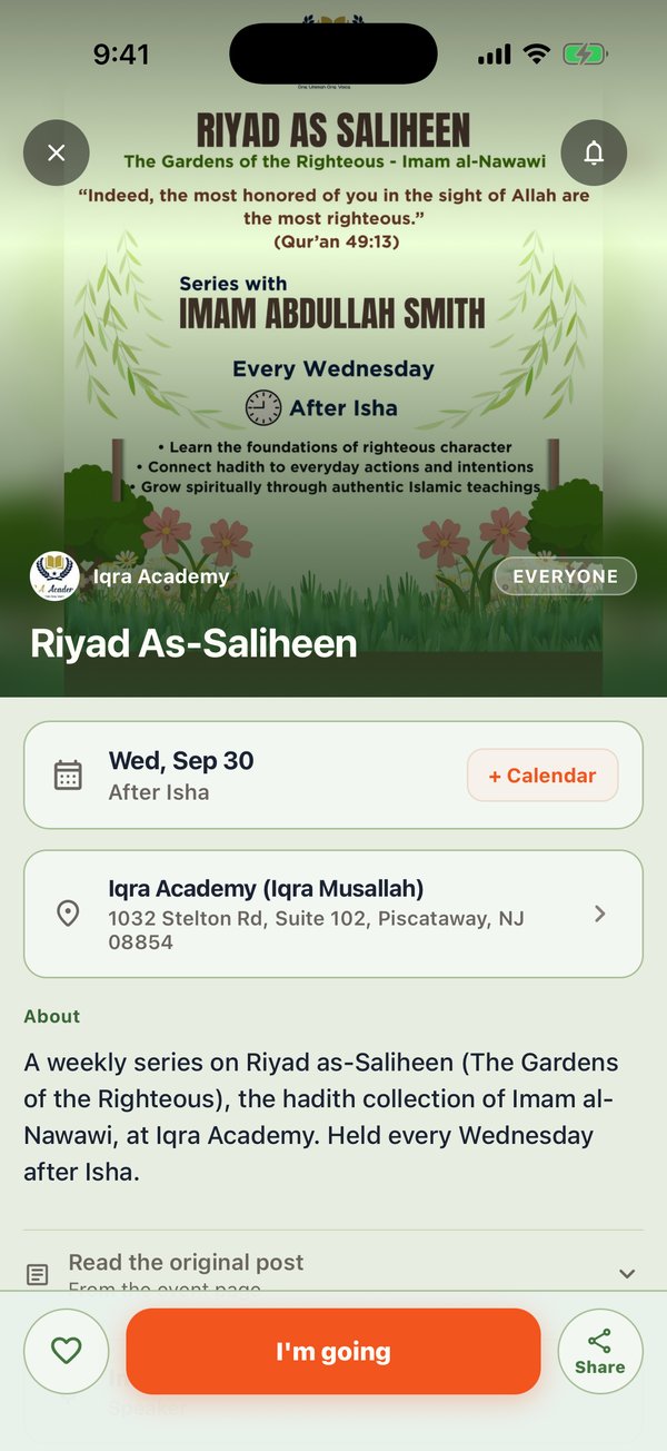 An event page in Masjid.ly: the flyer reads Every Wednesday, After Isha, and the app shows Wed, Sep 30 · After Isha, with Read the original post under the description
