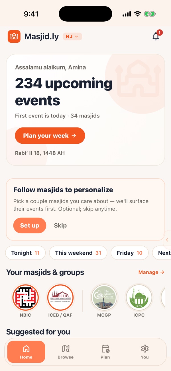 Masjid.ly Home tab: today's upcoming events across New Jersey, masjids near you, and a suggested event with its poster
