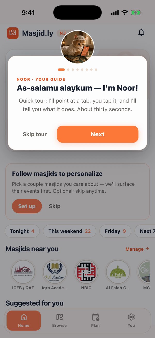 Noor the cat guide welcoming you with a thirty-second tour of the app
