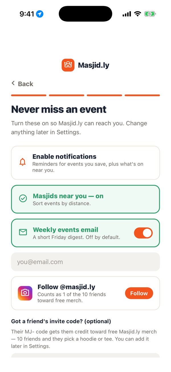 Never miss an event: enable notifications, see masjids near you, and follow @masjid.ly on Instagram