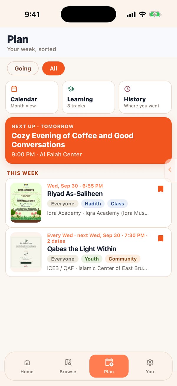 Plan tab: your week sorted, with Going and All views, a month calendar, learning tracks and history